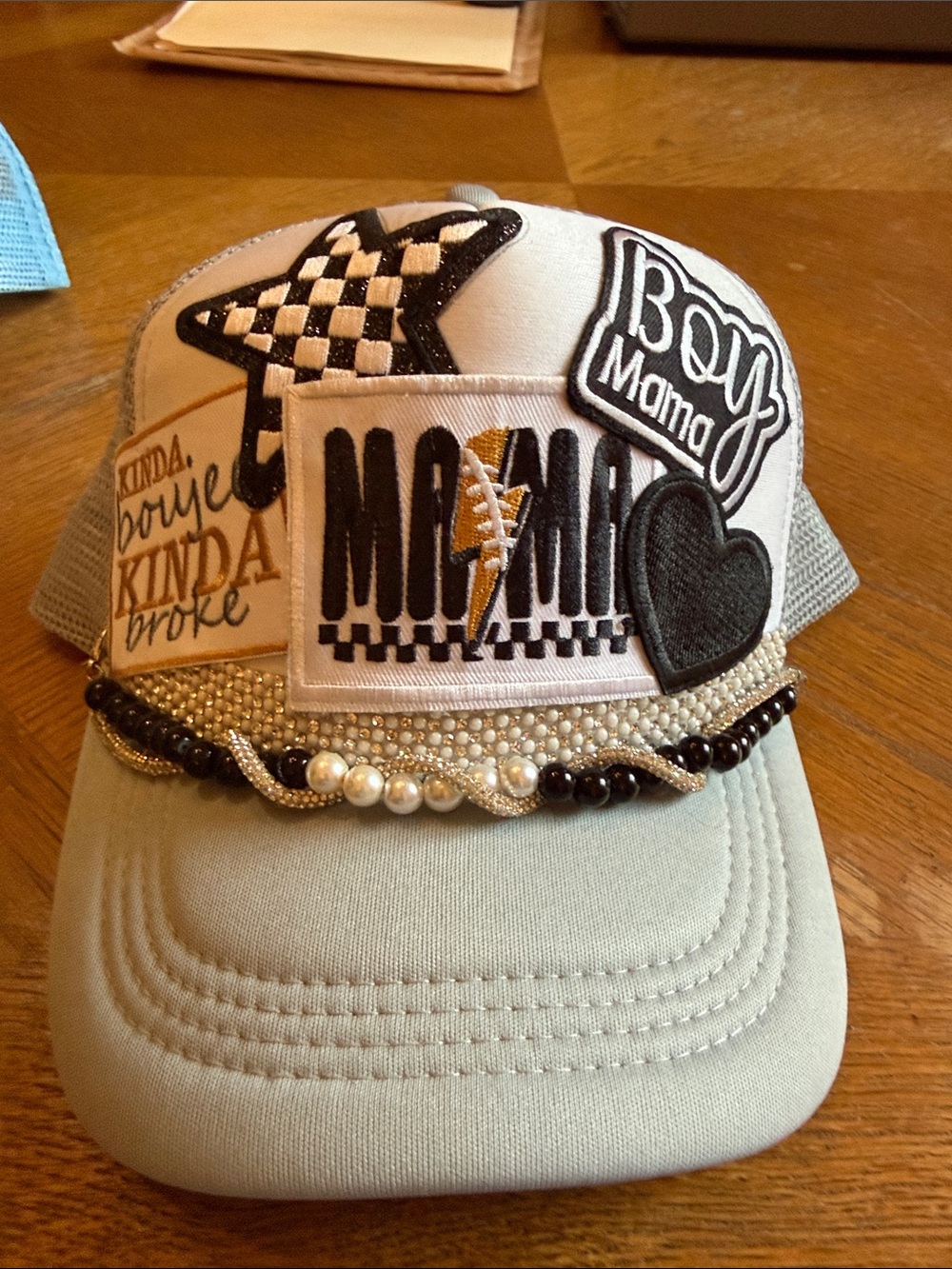 Embellished Trucker Hat - White & Black Patch Design Boy Mama